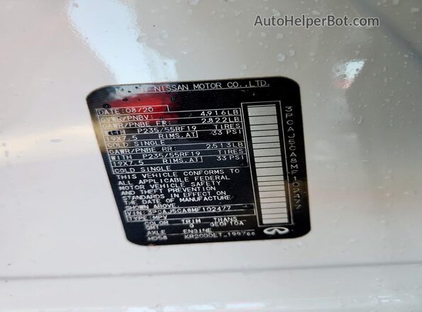3PCAJ5CA8MF102477 2021 INFINITI QX50 White VIN կոդի պիտակի տեսք