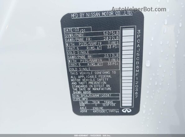 3PCAJ5CB8MF120387 2021 INFINITI QX50 White Вид підкапотного простору