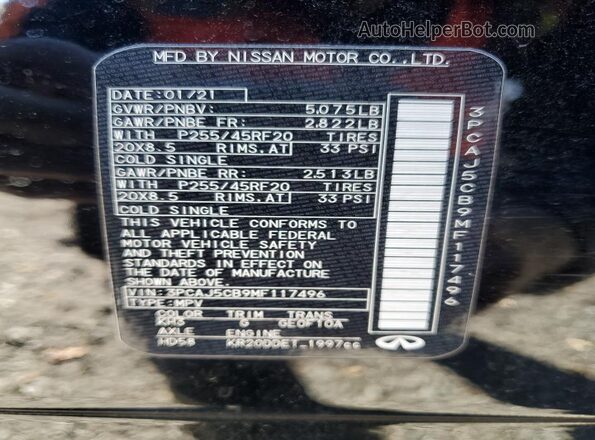 3PCAJ5CB9MF117496 2021 INFINITI QX50 Черный Вид наклейки с VIN-кодом