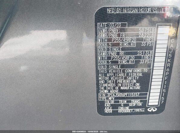 3PCAJ5KR6PF115157 2023 INFINITI QX55 Серый 