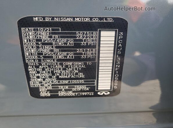 3PCAJ5L33NF105595 2022 INFINITI QX55 White VIN sticker view
