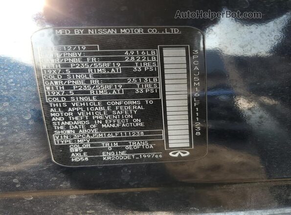 3PCAJ5M16LF111238 2020 INFINITI QX50 Blue VIN կոդի պիտակի տեսք