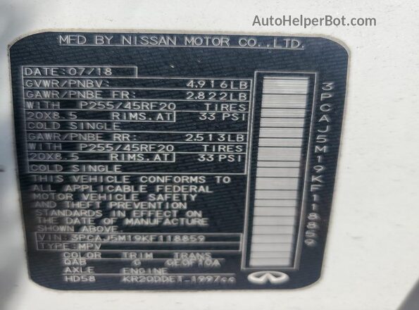 3PCAJ5M19KF118859 2019 INFINITI QX50 White VIN კოდის სტიკერის ხედი