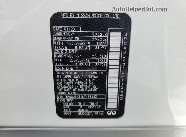 3PCAJ5M31LF113643 2020 INFINITI QX50 White VIN կոդի պիտակի տեսք