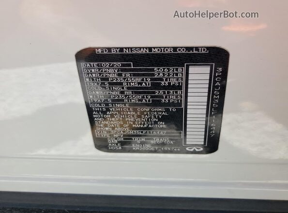 3PCAJ5M35LF116447 2020 INFINITI QX50 Белый Панорамный вид салона 360°