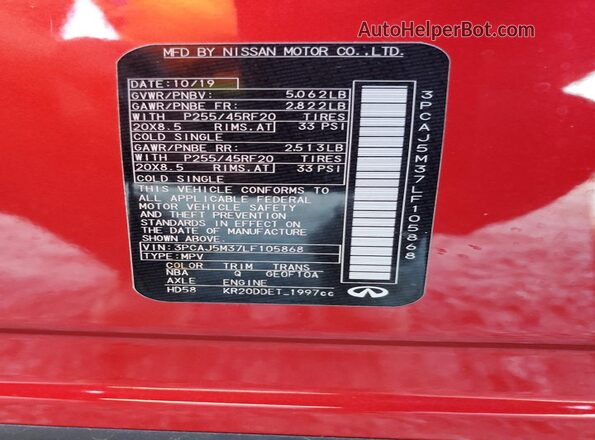 3PCAJ5M37LF105868 2020 INFINITI QX50 Red VIN კოდის სტიკერის ხედი
