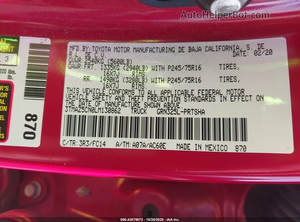 3TMAZ5CN0LM130862 2020 TOYOTA TACOMA Red Շարժիչի բաժամունքի տեսք