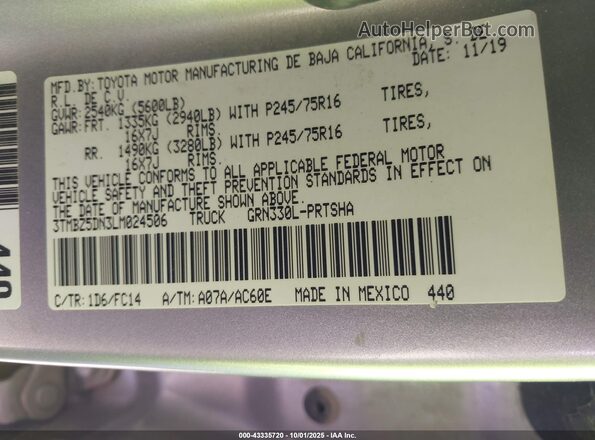 3TMBZ5DN3LM024506 2020 TOYOTA TACOMA Silver Vista del compartimento del motor