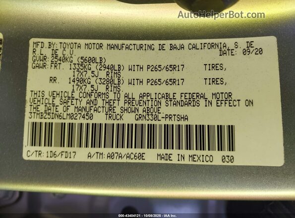 3TMBZ5DN6LM027450 2020 TOYOTA TACOMA Silver Widok komory silnika