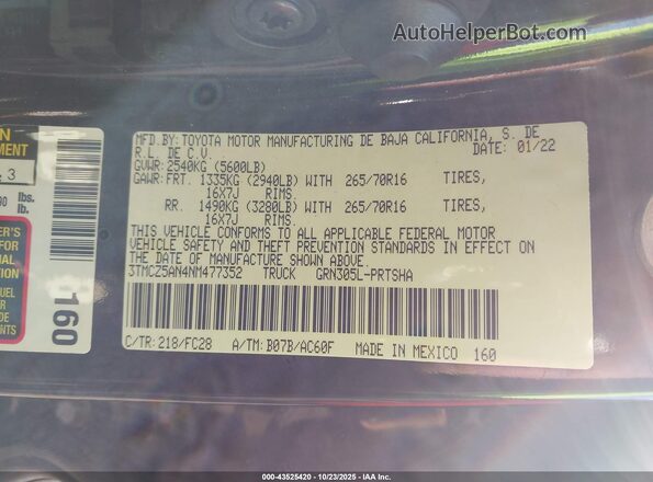 3TMCZ5AN4NM477352 2022 TOYOTA TACOMA Черный Вид подкапотного пространства