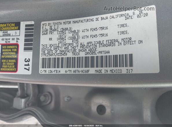 3TMCZ5AN7LM335459 2020 TOYOTA TACOMA Silver Вид підкапотного простору