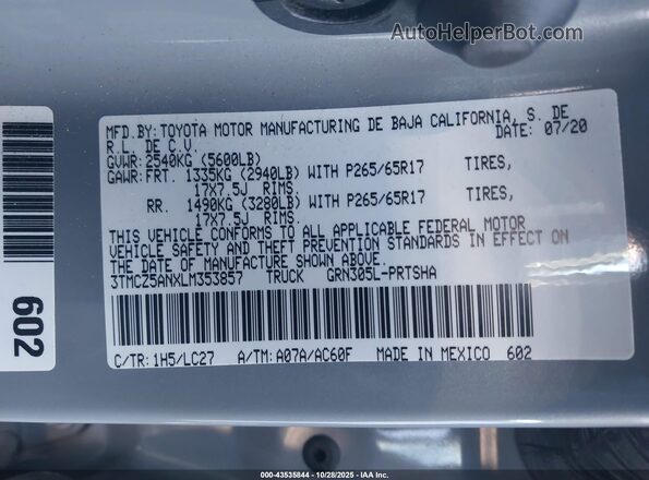 3TMCZ5ANXLM353857 2020 TOYOTA TACOMA Gray Вид підкапотного простору