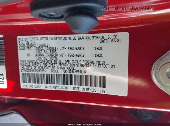 3TMHZ5BN0MM107891 2021 TOYOTA LIMITED Red ძრავის განყოფილების ხედი