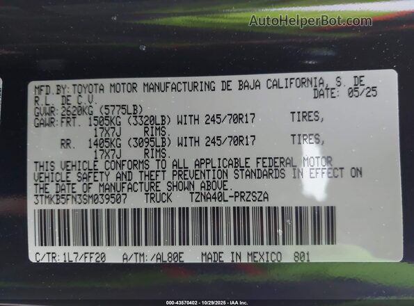 3TMKB5FN3SM039507 2025 TOYOTA TACOMA Gray 