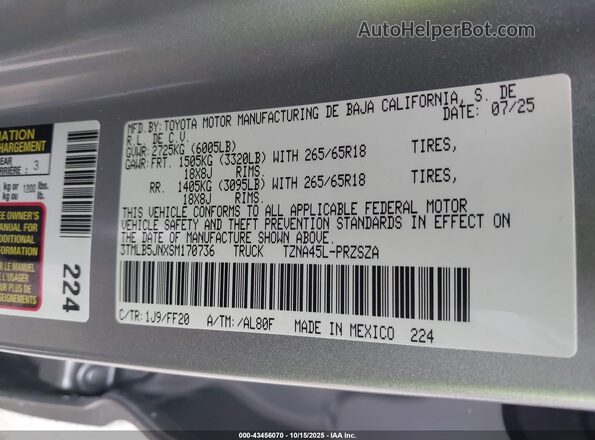 3TMLB5JNXSM170736 2025 TOYOTA TACOMA Silver Engine compartment view