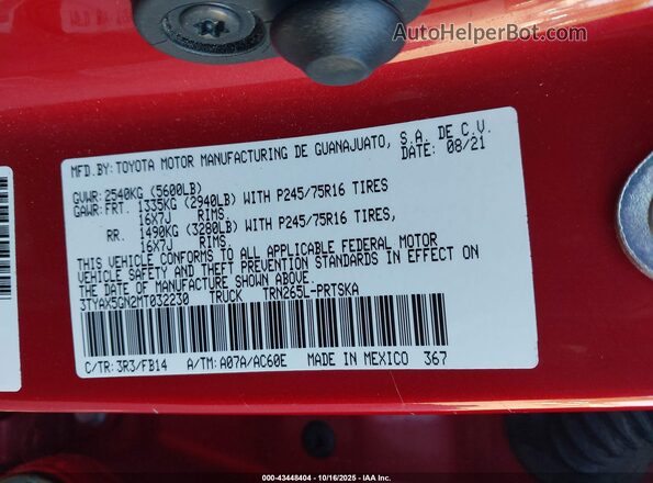 3TYAX5GN2MT032230 2021 TOYOTA TACOMA Red Engine compartment view