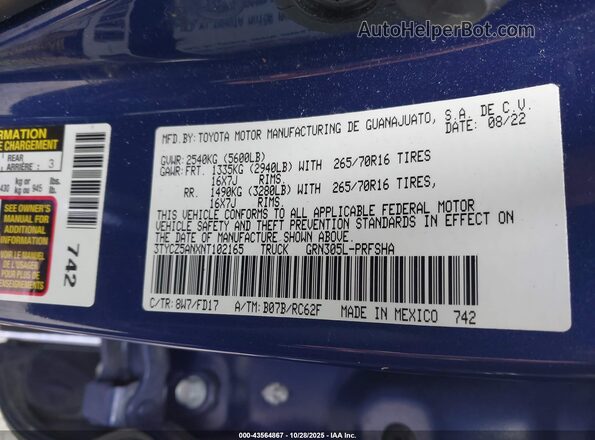 3TYCZ5ANXNT102165 2022 TOYOTA TACOMA 4WD Blue Engine compartment view