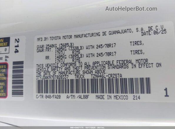3TYJDAKN7ST020337 2025 TOYOTA TACOMA White Вид підкапотного простору