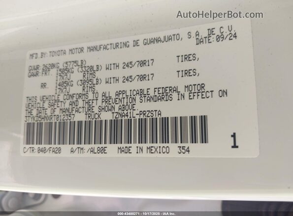 3TYKD5HNXRT012357 2024 TOYOTA TACOMA Белый Вид подкапотного пространства