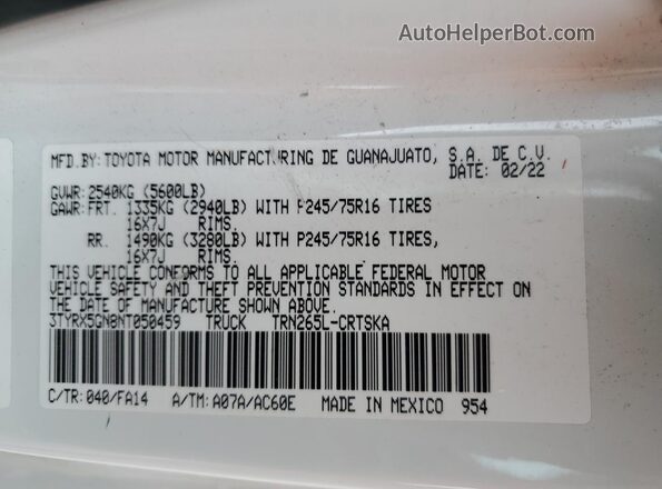 3TYRX5GN8NT050459 2022 TOYOTA TACOMA White Widok naklejki z numerem VIN