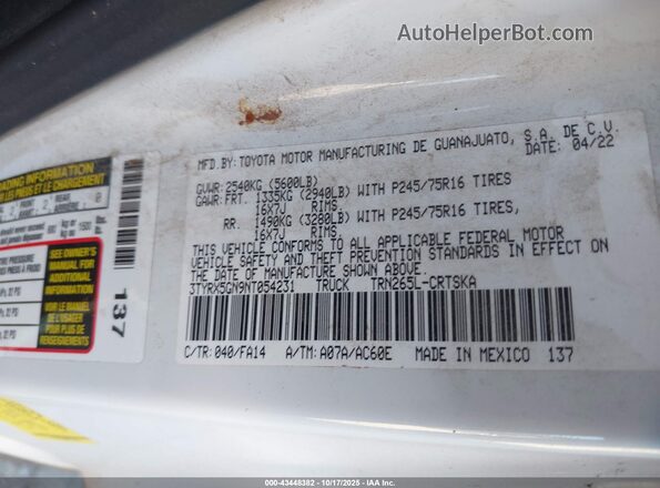 3TYRX5GN9NT054231 2022 TOYOTA TACOMA White Engine compartment view