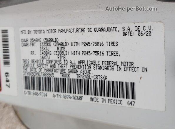 3TYSX5EN9LT002065 2020 TOYOTA TACOMA White Вид підкапотного простору