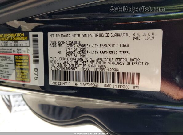 3TYSZ5AN8LT000047 2020 TOYOTA TACOMA Black ძრავის განყოფილების ხედი