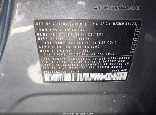 3VV0B7AX1LM178419 2020 VOLKSWAGEN TIGUAN Gray Вид підкапотного простору