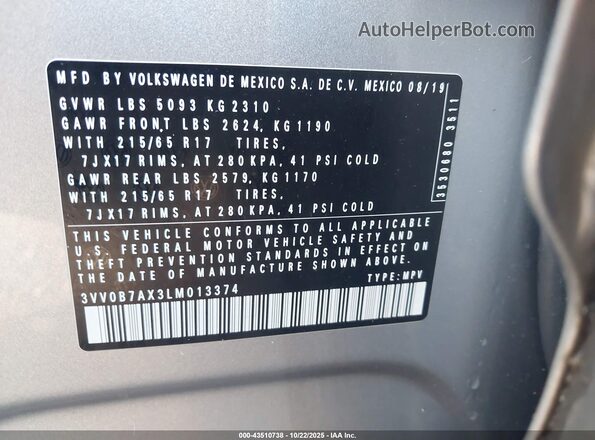 3VV0B7AX3LM013374 2020 VOLKSWAGEN TIGUAN Gray Շարժիչի բաժամունքի տեսք