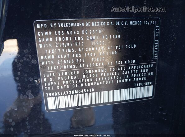 3VV0B7AX3NM045910 2022 VOLKSWAGEN TIGUAN Black Engine compartment view