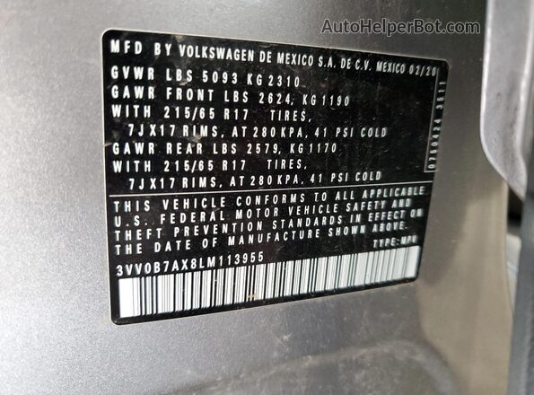3VV0B7AX8LM113955 2020 VOLKSWAGEN TIGUAN Silver VIN կոդի պիտակի տեսք