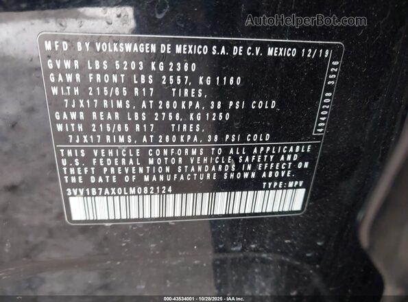 3VV1B7AX0LM082124 2020 VOLKSWAGEN TIGUAN Black Շարժիչի բաժամունքի տեսք