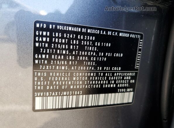 3VV1B7AX1JM031843 2018 VOLKSWAGEN TIGUAN Gray 