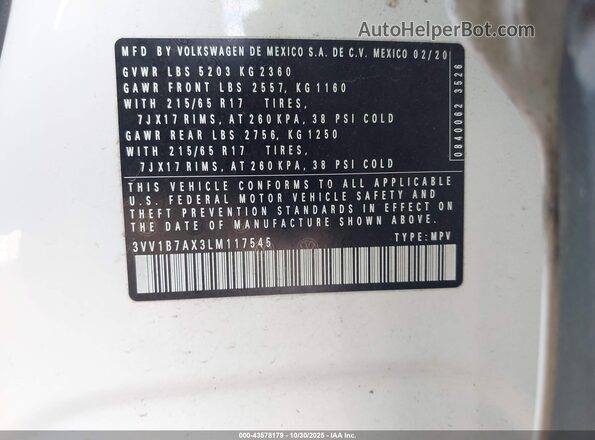 3VV1B7AX3LM117545 2020 VOLKSWAGEN TIGUAN White Շարժիչի բաժամունքի տեսք