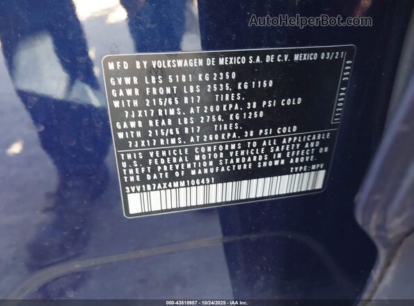 3VV1B7AX4MM106491 2021 VOLKSWAGEN TIGUAN Dark Blue Вид подкапотного пространства