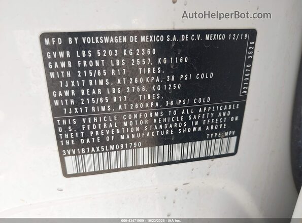 3VV1B7AX5LM091790 2020 VOLKSWAGEN TIGUAN White Engine compartment view