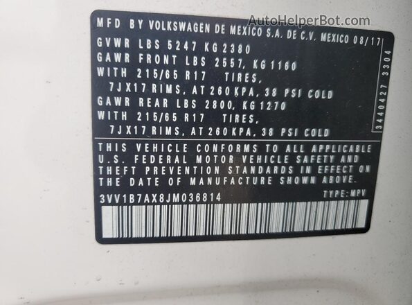 3VV1B7AX8JM036814 2018 VOLKSWAGEN TIGUAN White 