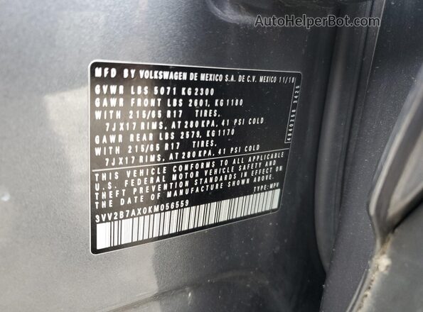 3VV2B7AX0KM056559 2019 VOLKSWAGEN TIGUAN Gray Vista de la etiqueta del VIN