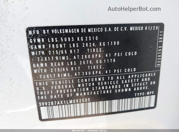3VV2B7AX1LM092505 2020 VOLKSWAGEN TIGUAN White Շարժիչի բաժամունքի տեսք