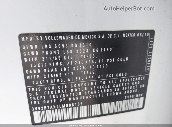 3VV2B7AX2LM006165 2020 VOLKSWAGEN TIGUAN White Engine compartment view