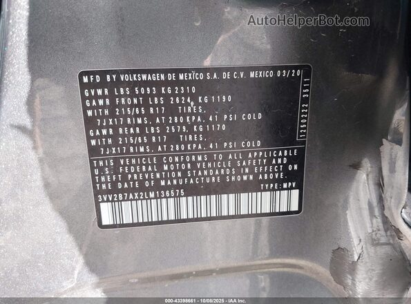 3VV2B7AX2LM136575 2020 VOLKSWAGEN TIGUAN Gray Engine compartment view
