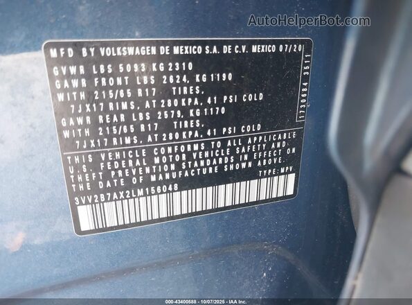 3VV2B7AX2LM156048 2020 VOLKSWAGEN TIGUAN Blue Вид підкапотного простору