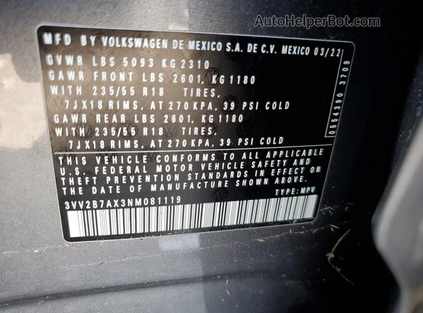 3VV2B7AX3NM081119 2022 VOLKSWAGEN TIGUAN Charcoal Vista de la etiqueta del VIN