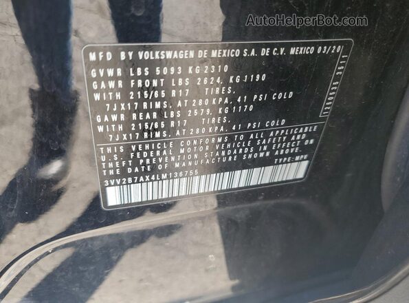 3VV2B7AX4LM136755 2020 VOLKSWAGEN TIGUAN Black VIN sticker view