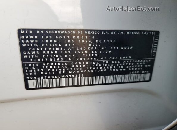 3VV2B7AX5LM039449 2020 VOLKSWAGEN TIGUAN White VIN კოდის სტიკერის ხედი