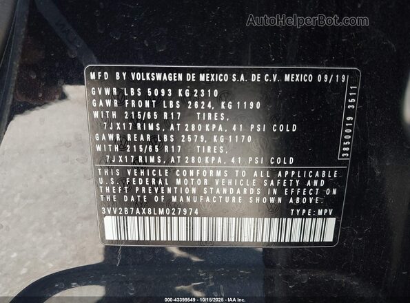3VV2B7AX8LM027974 2020 VOLKSWAGEN TIGUAN Black Շարժիչի բաժամունքի տեսք