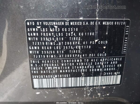 3VV2B7AX8LM181651 2020 VOLKSWAGEN TIGUAN Gray Вид підкапотного простору