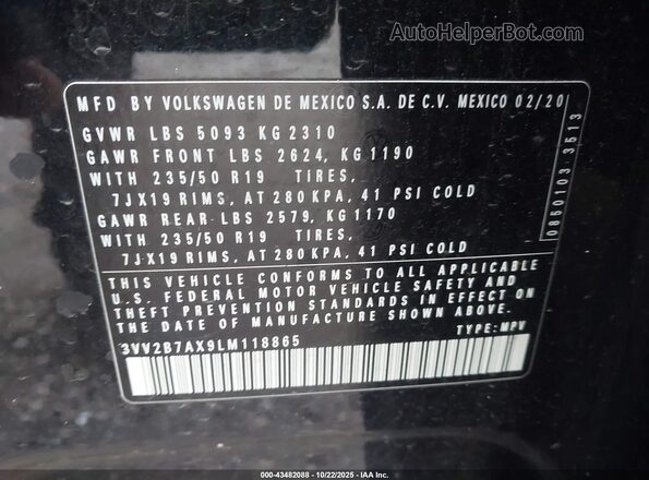 3VV2B7AX9LM118865 2020 VOLKSWAGEN TIGUAN Black Вид підкапотного простору