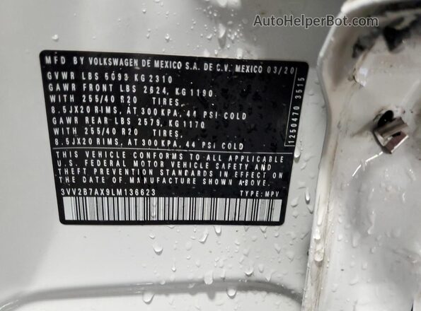 3VV2B7AX9LM136623 2020 VOLKSWAGEN TIGUAN White VIN sticker view