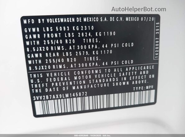 3VV2B7AX9LM145872 2020 VOLKSWAGEN TIGUAN White Շարժիչի բաժամունքի տեսք